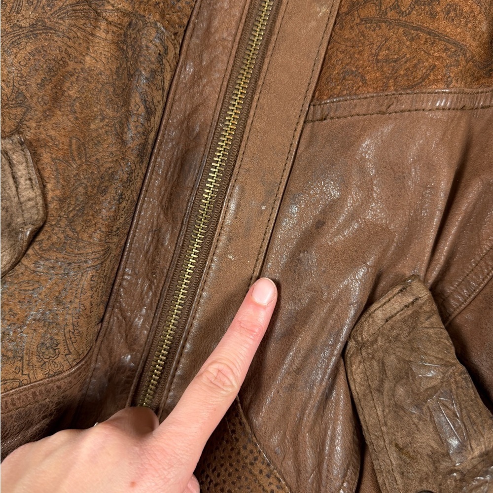 Vintage 80s Leather Suede Paisley Patchwork Bomber Jacket Womens M Brown Western - Picture 13 of 15